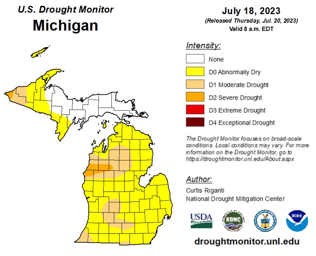 US Drought Monitor Map that shows the intensity of drought across Michigan as of July 18, 2023